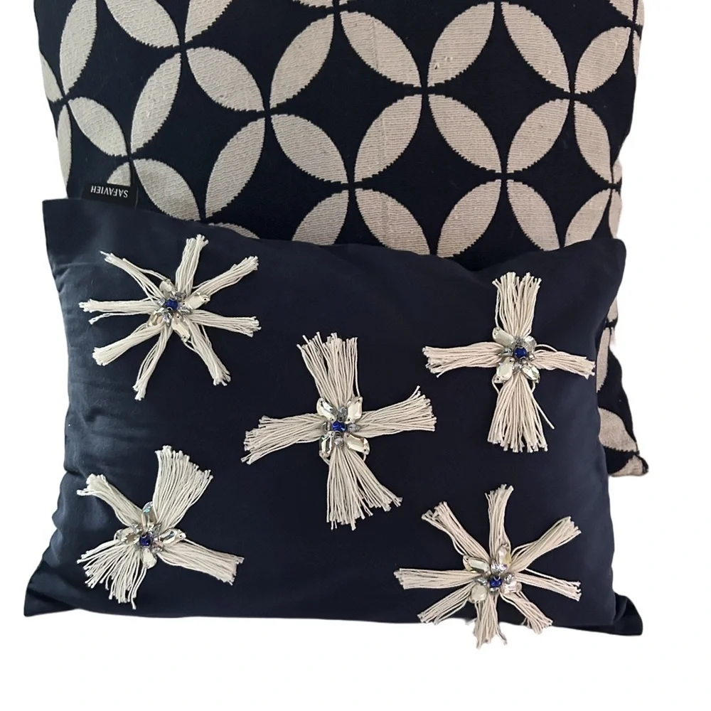 🍀3 for &25 Safavieh Throw Pillow Navy Blue White Tassel Star Crystal Beaded
